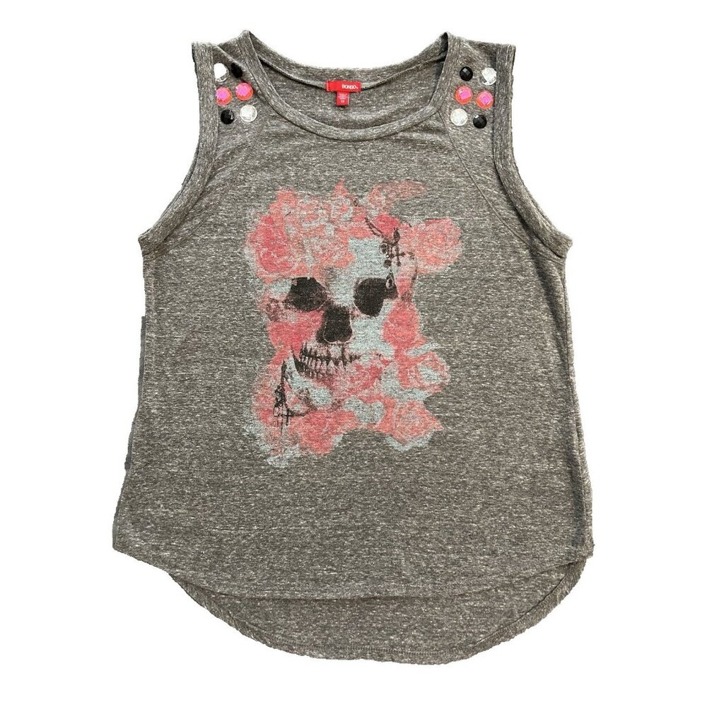 Bongo Women's Gray Sleeveless Tank w/ Floral Skull Jewels 1X High Low Pink Black - Picture 10 of 12